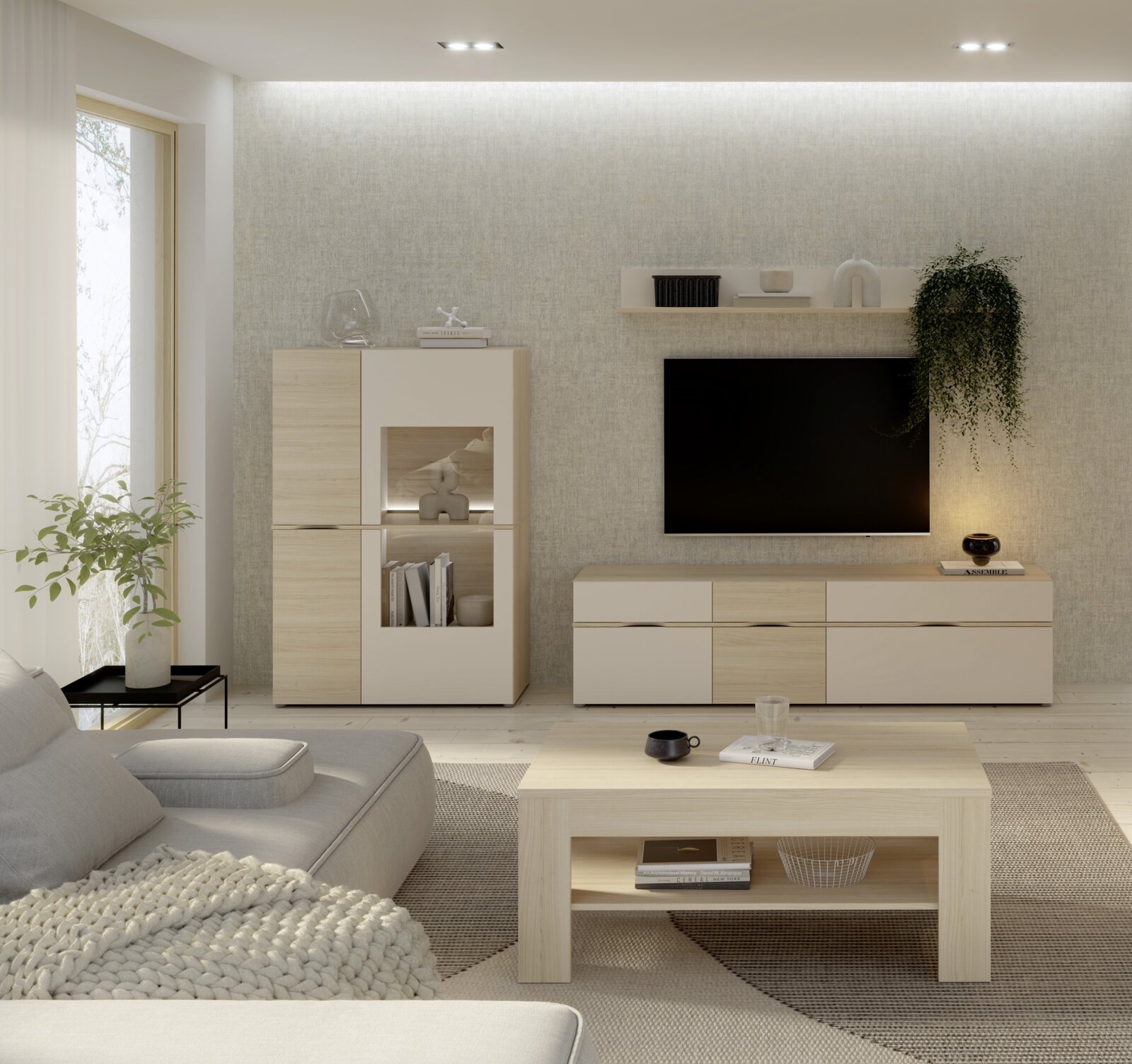 Modernes Wohnzimmer mit hellem TV-Lowboard, frontal betrachtet, neben einem großen Fernseher an der Wand, umgeben von stilvollen Möbeln und Dekorationen.