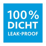 Blaues Quadrat mit weißem Text '100% DICHT LEAK-PROOF', Vorderansicht