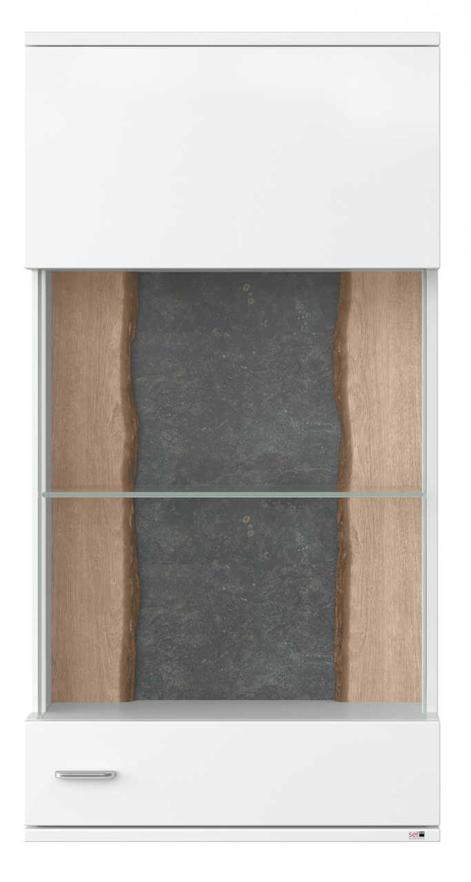 Hängevitrine mit Glasfront und Holzrückwand, Frontalansicht