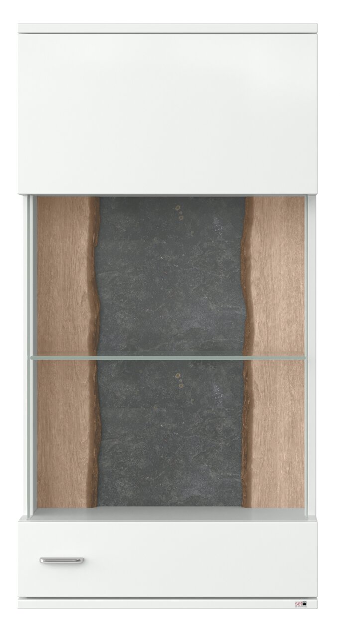 Hängevitrine mit Glasfront und Holzrückwand, Frontalansicht