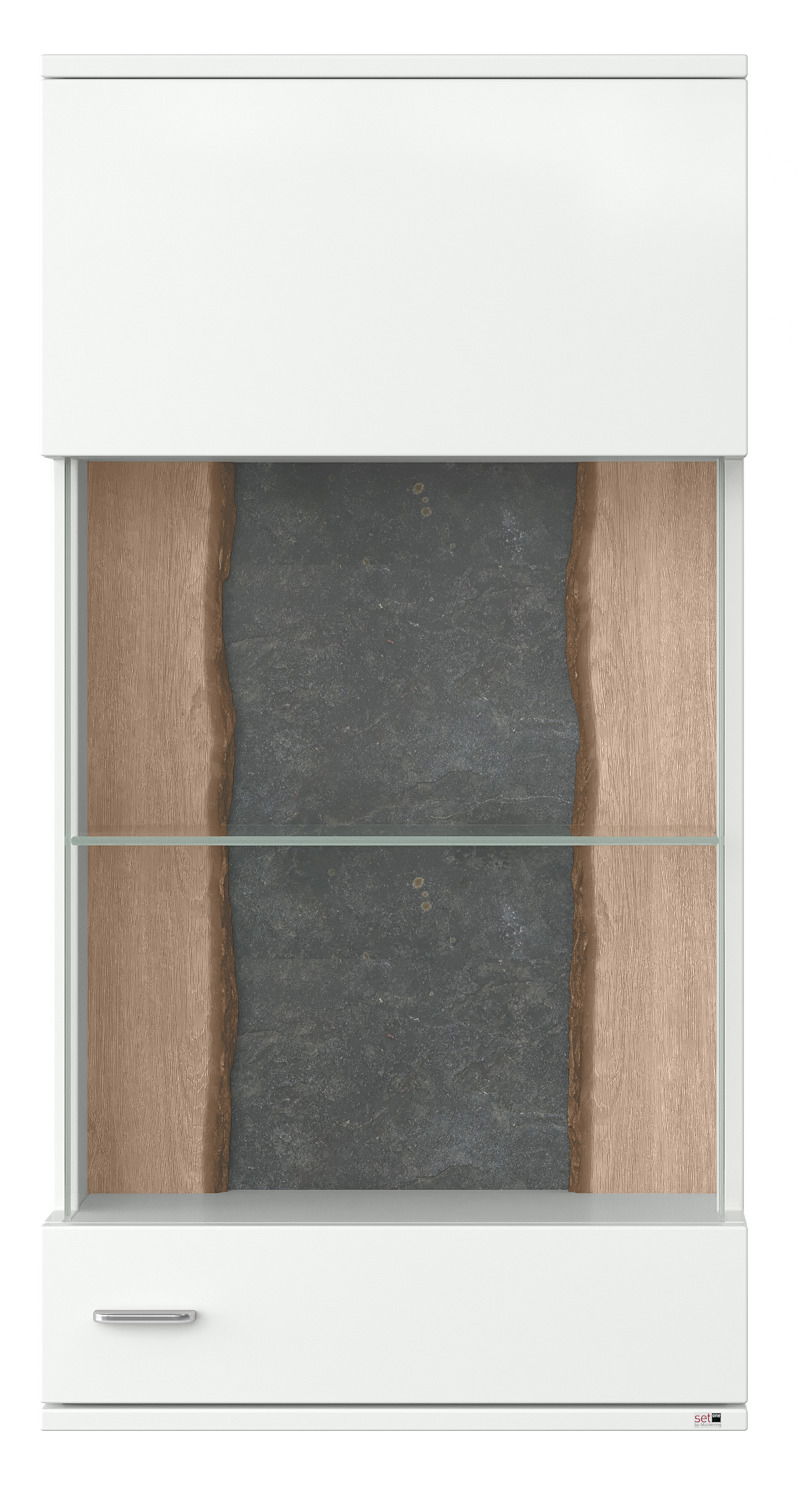 Hängevitrine mit Glasfront und Holzrückwand, Frontalansicht