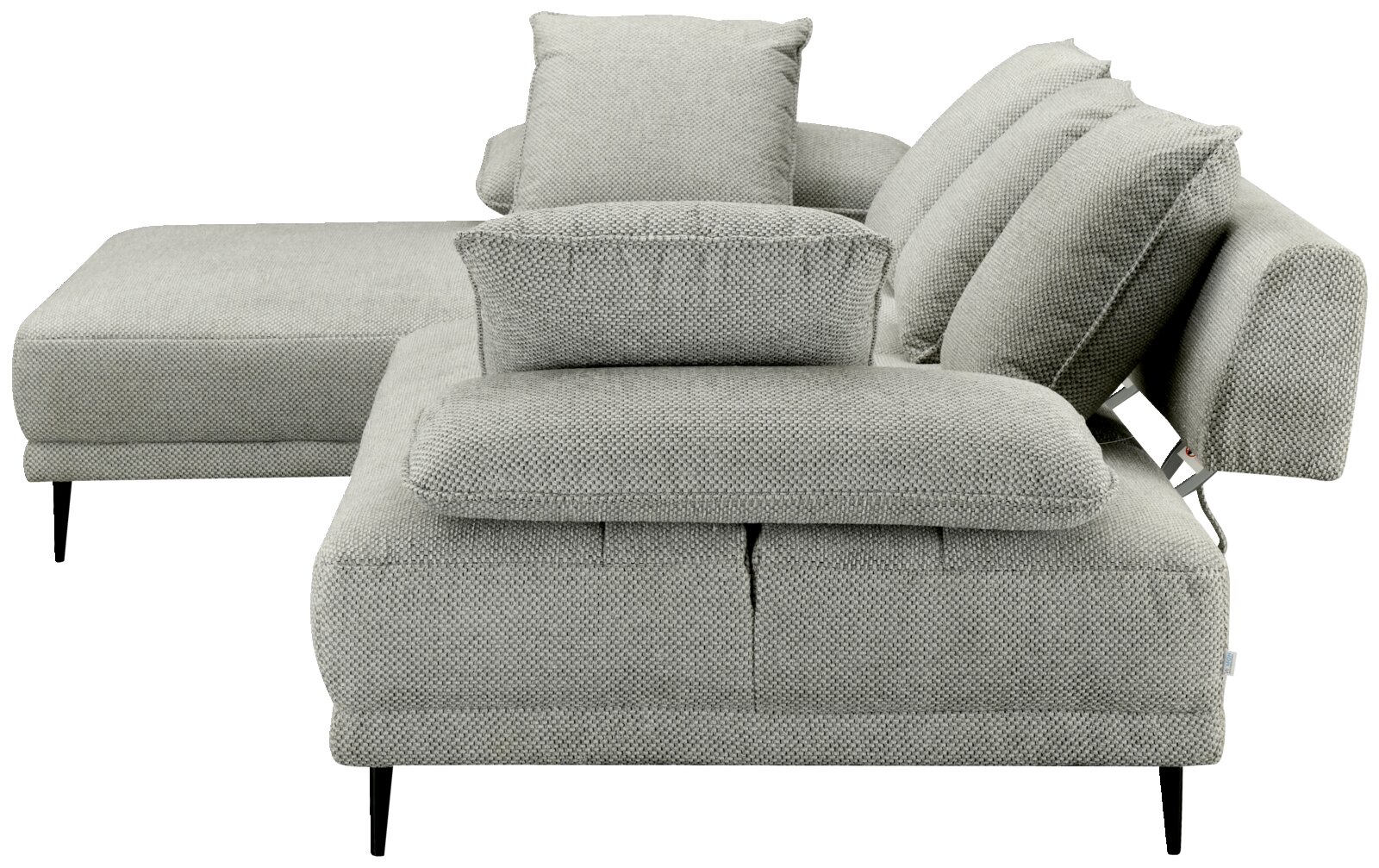Graues Ecksofa mit verstellbaren Rückenlehnen, seitliche Perspektive