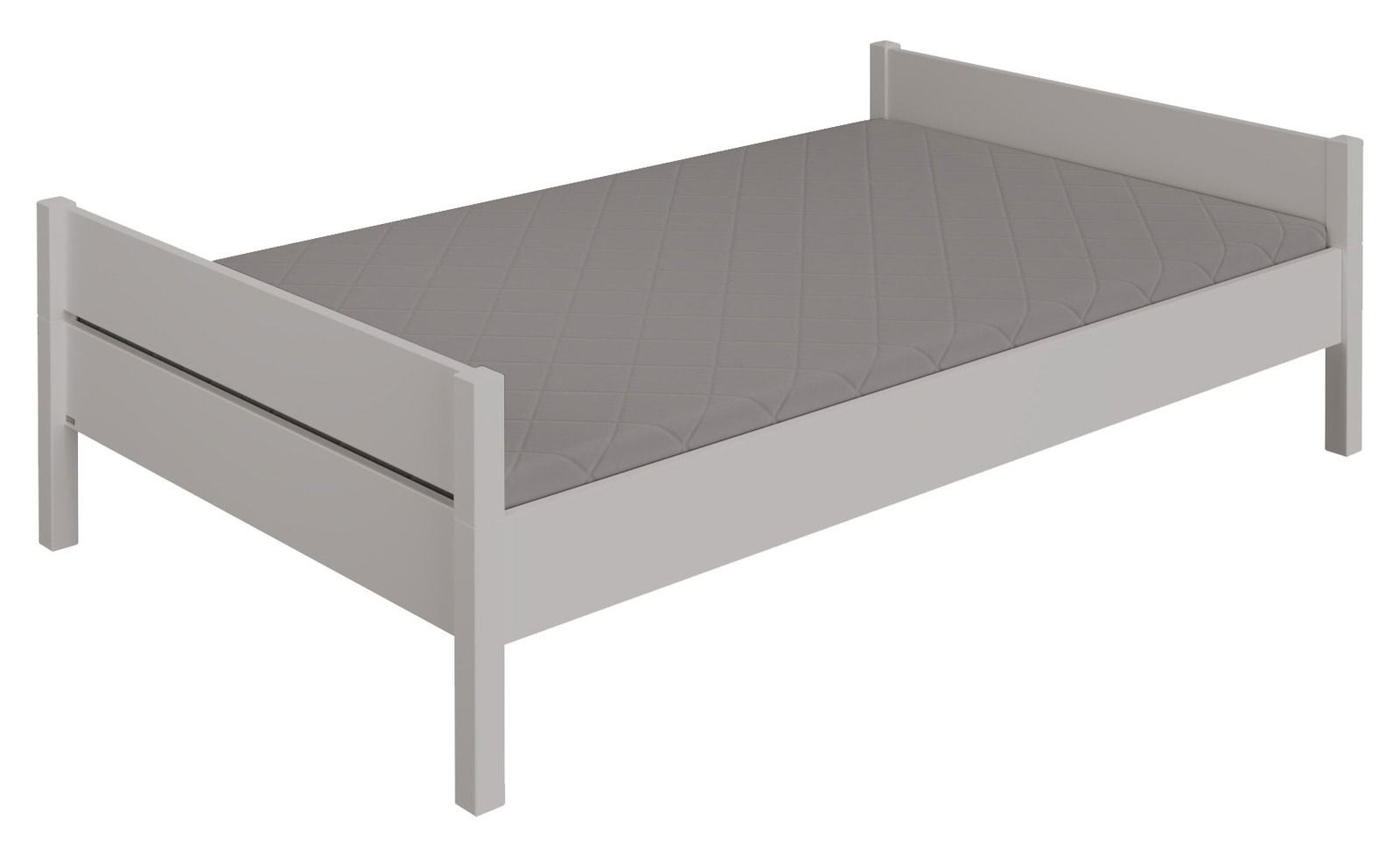 Einzelbett in grauer Farbe mit schlichtem Design, seitliche Perspektive