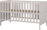 Wit houten babybedje met spijlen, zijaanzicht
