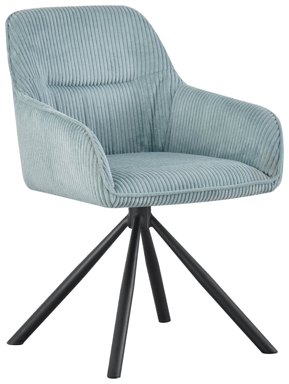 Armlehnstuhl mit hellblauem Cordbezug und schwarzem Metallgestell, seitliche Perspektive