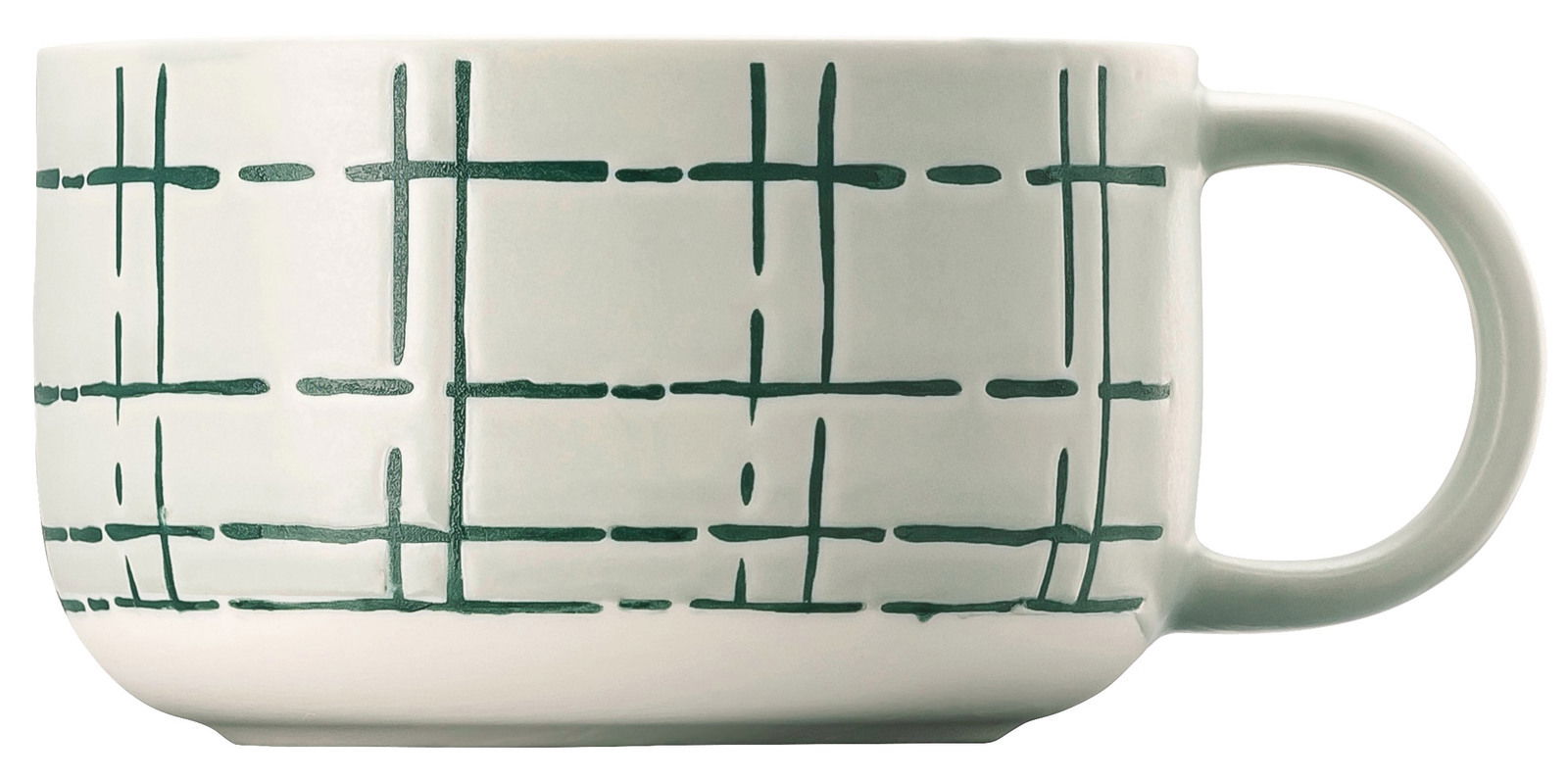 Thomas Kaffeetasse FUN Seitliche Ansicht einer weißen Tasse mit grünem geometrischem Muster und Henkel.