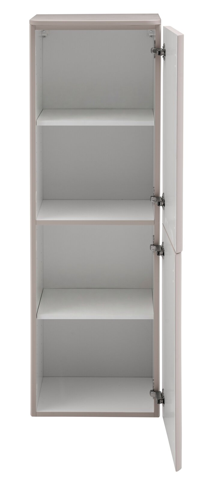 Weißer Hochschrank mit geöffneter Tür und drei Einlegeböden, Innenansicht in frontaler Perspektive
