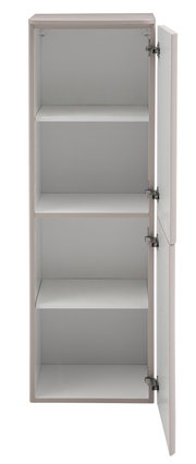Weißer Hochschrank mit geöffneter Tür und drei Einlegeböden, Innenansicht in frontaler Perspektive