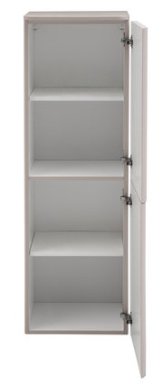 Weißer Hochschrank mit geöffneter Tür und drei Einlegeböden, Innenansicht in frontaler Perspektive