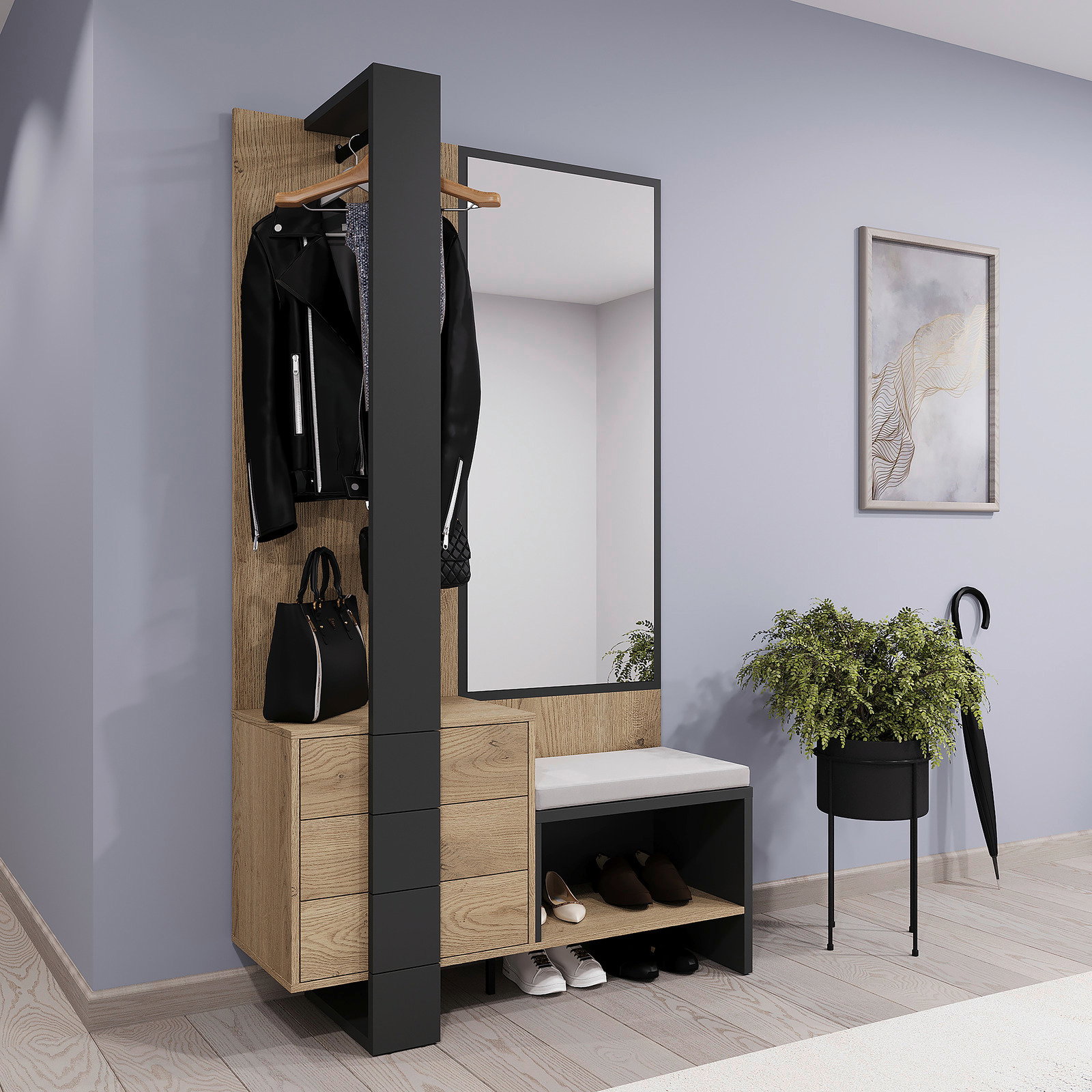 Kompaktgarderobe mit Spiegel, Kleiderhaken, Schubladen und Sitzbank in moderner Holz- und Metalloptik, seitliche Perspektive