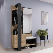 Kompaktgarderobe mit Spiegel, Kleiderhaken, Schubladen und Sitzbank in moderner Holz- und Metalloptik, seitliche Perspektive