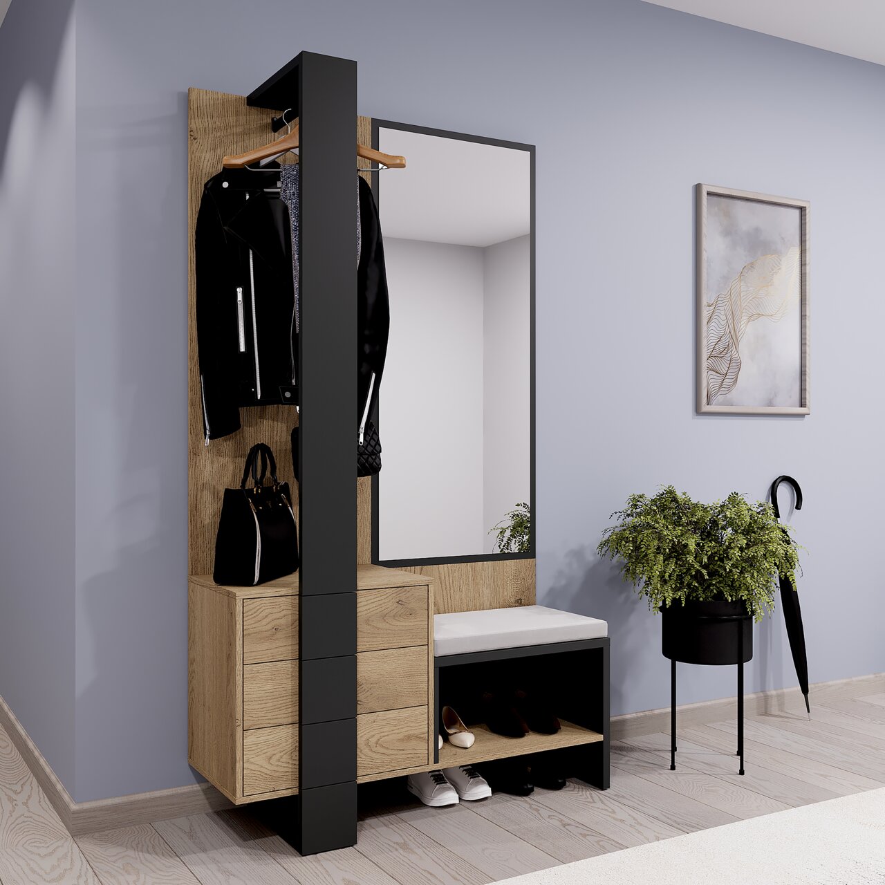 Compacte kapstok met spiegel, kledinghaken, lades en zitbank in een moderne hout- en metaallook, zijaanzicht