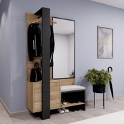Compacte kapstok met spiegel, kledinghaken, lades en zitbank in een moderne hout- en metaallook, zijaanzicht
