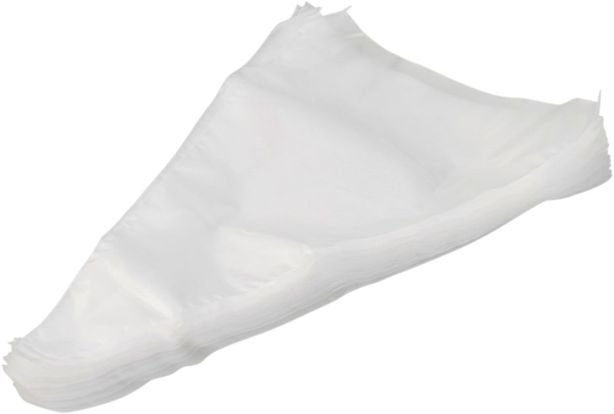 Stapel von transparenten Spritzbeuteln aus Kunststoff, seitliche Perspektive