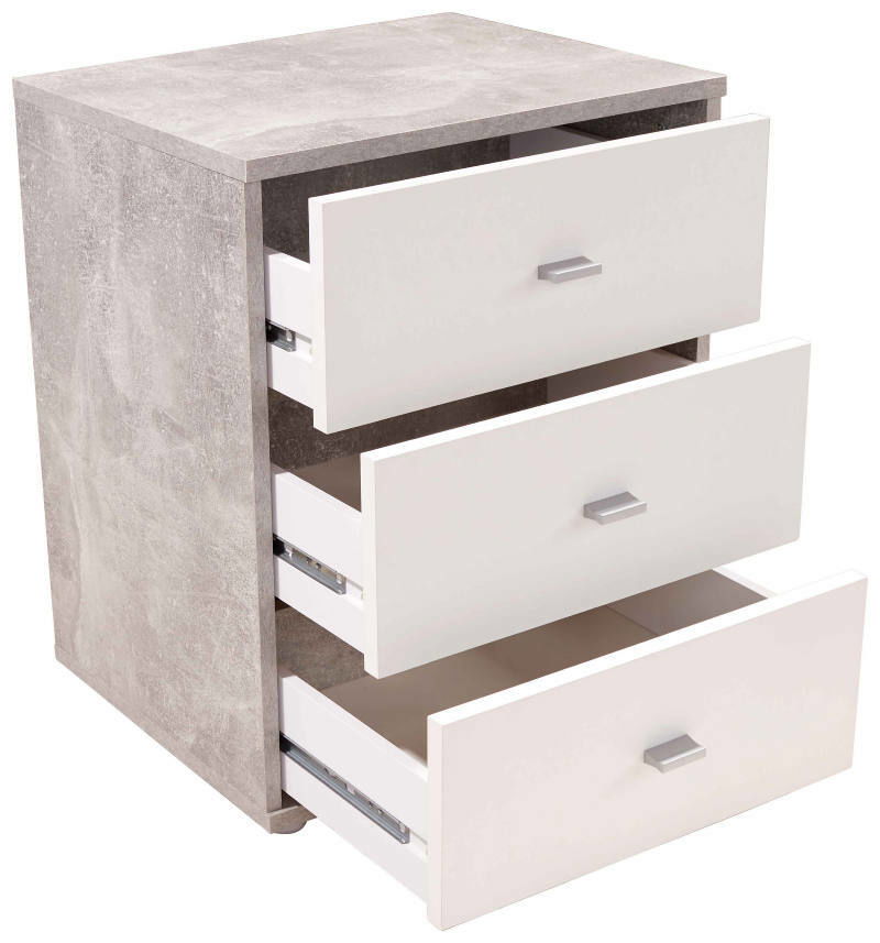 Nachtkommode mit drei offenen Schubladen, seitliche Perspektive