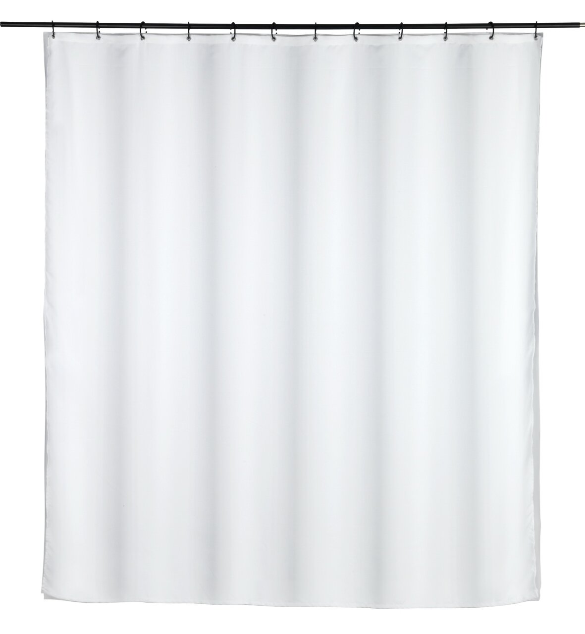 Schöner Wohnen Duschvorhang SAOBA Weißer Duschvorhang 180x200 cm, frontal aufgenommen, mit Ringen an einer Stange befestigt.