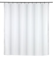 Weißer Duschvorhang 180x200 cm, frontal aufgenommen, mit Ringen an einer Stange befestigt.