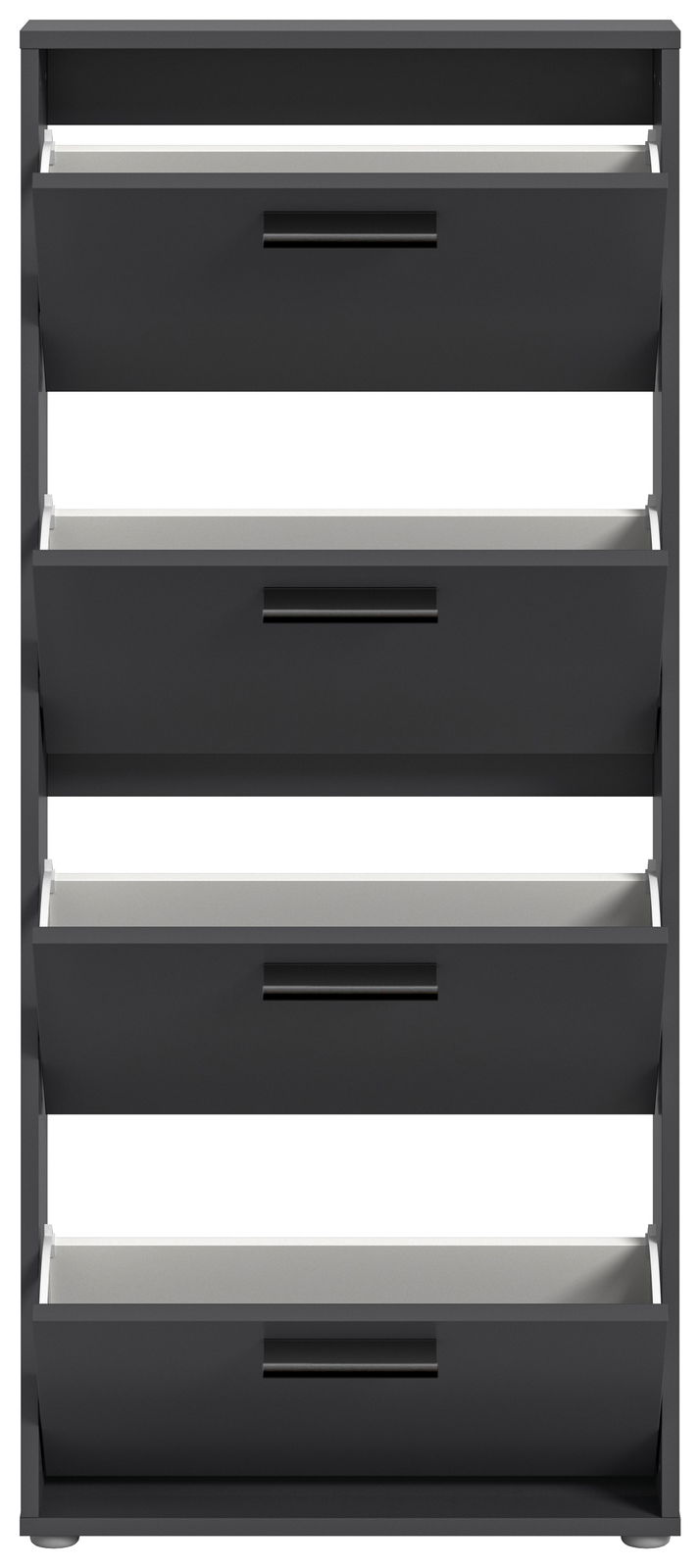 Schwarzer Schuhkipper mit vier Klappen, frontale Ansicht