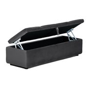 Schwarzer Hocker mit Stauraum, geöffneter Deckel, seitliche Perspektive