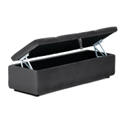 Schwarzer Hocker mit Stauraum, geöffneter Deckel, seitliche Perspektive