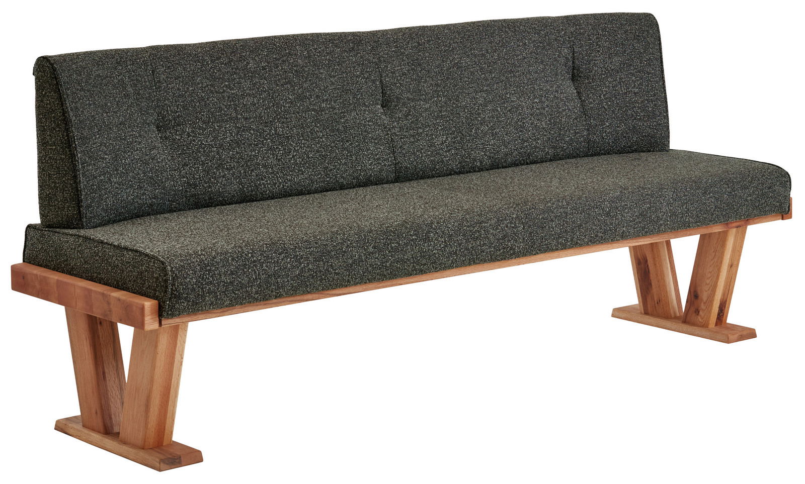 Moderne Bank mit grauem Stoffbezug und Holzgestell, seitliche Perspektive