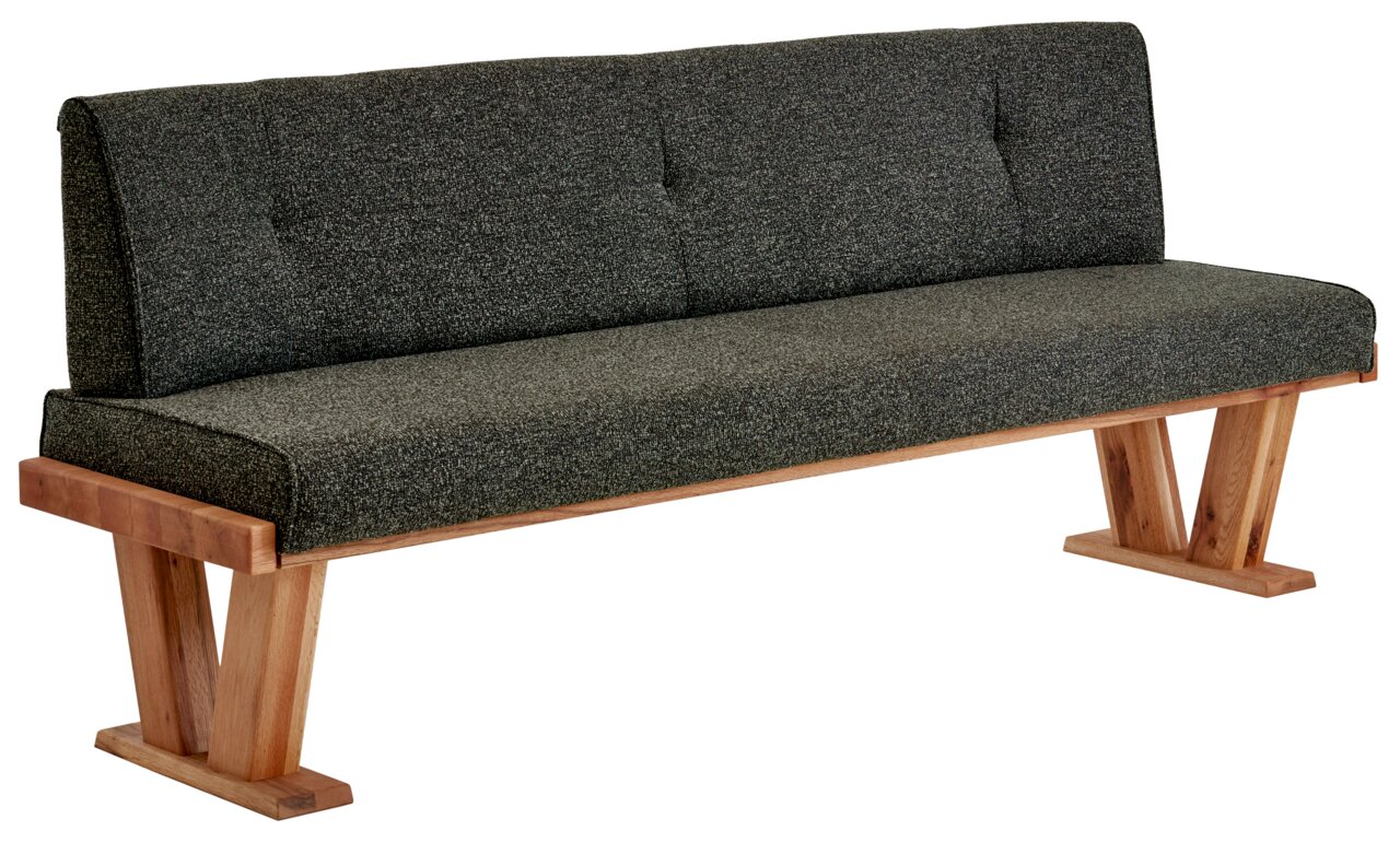 Moderne Bank mit grauem Stoffbezug und Holzgestell, seitliche Perspektive
