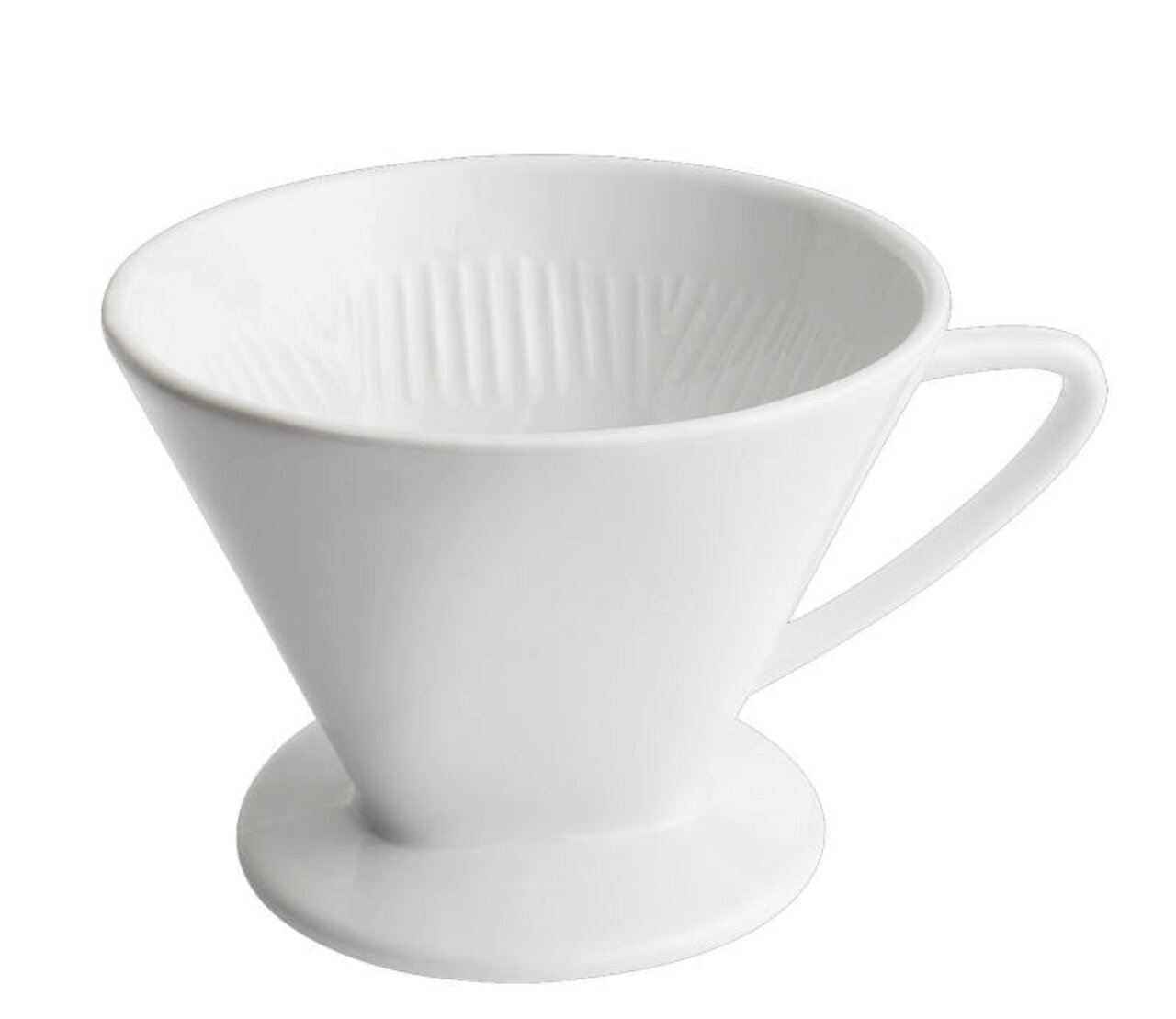 Weißer Kaffeefilter aus Porzellan, seitliche Perspektive