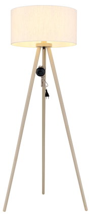 Beige Tripod-Stehlampe mit zylindrischem Stoffschirm und sichtbarem Kabelschalter, frontale Ansicht auf weißem Hintergrund