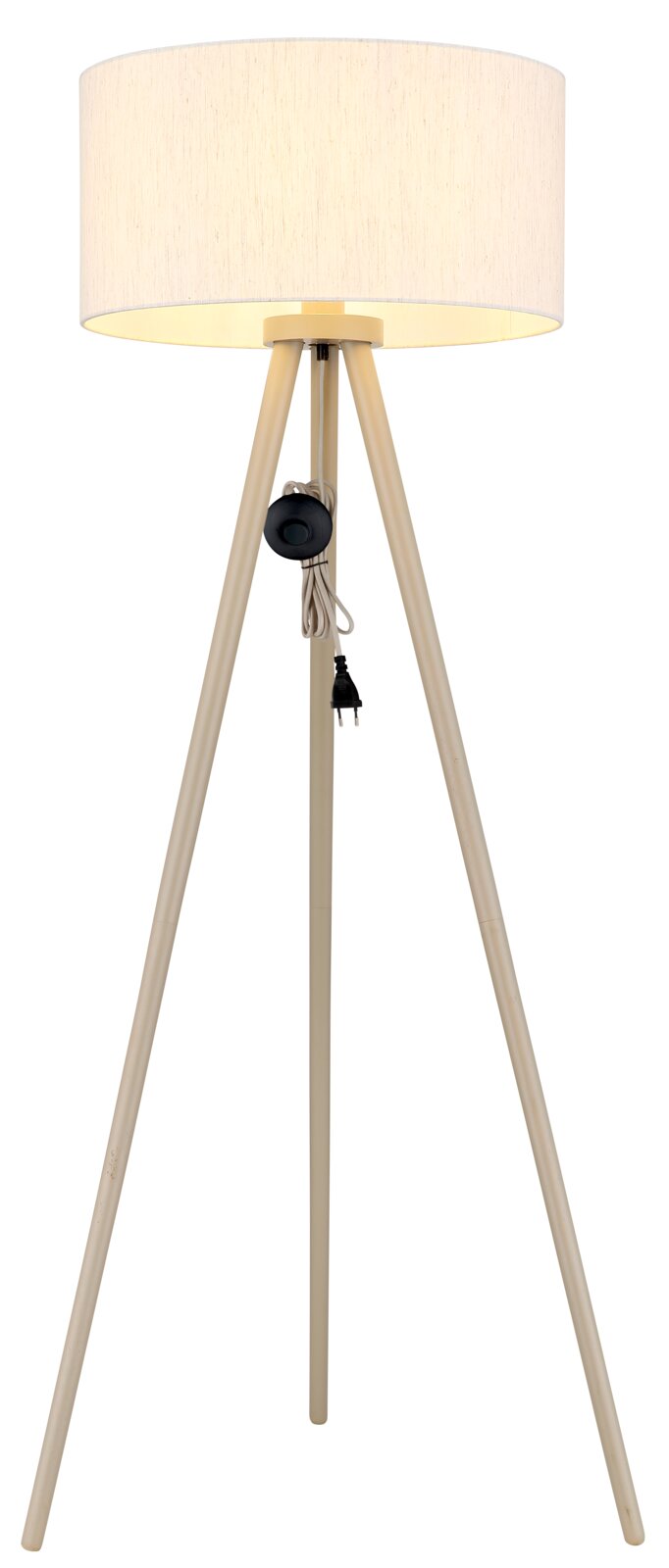 Beige Tripod-Stehlampe mit zylindrischem Stoffschirm und sichtbarem Kabelschalter, frontale Ansicht auf weißem Hintergrund