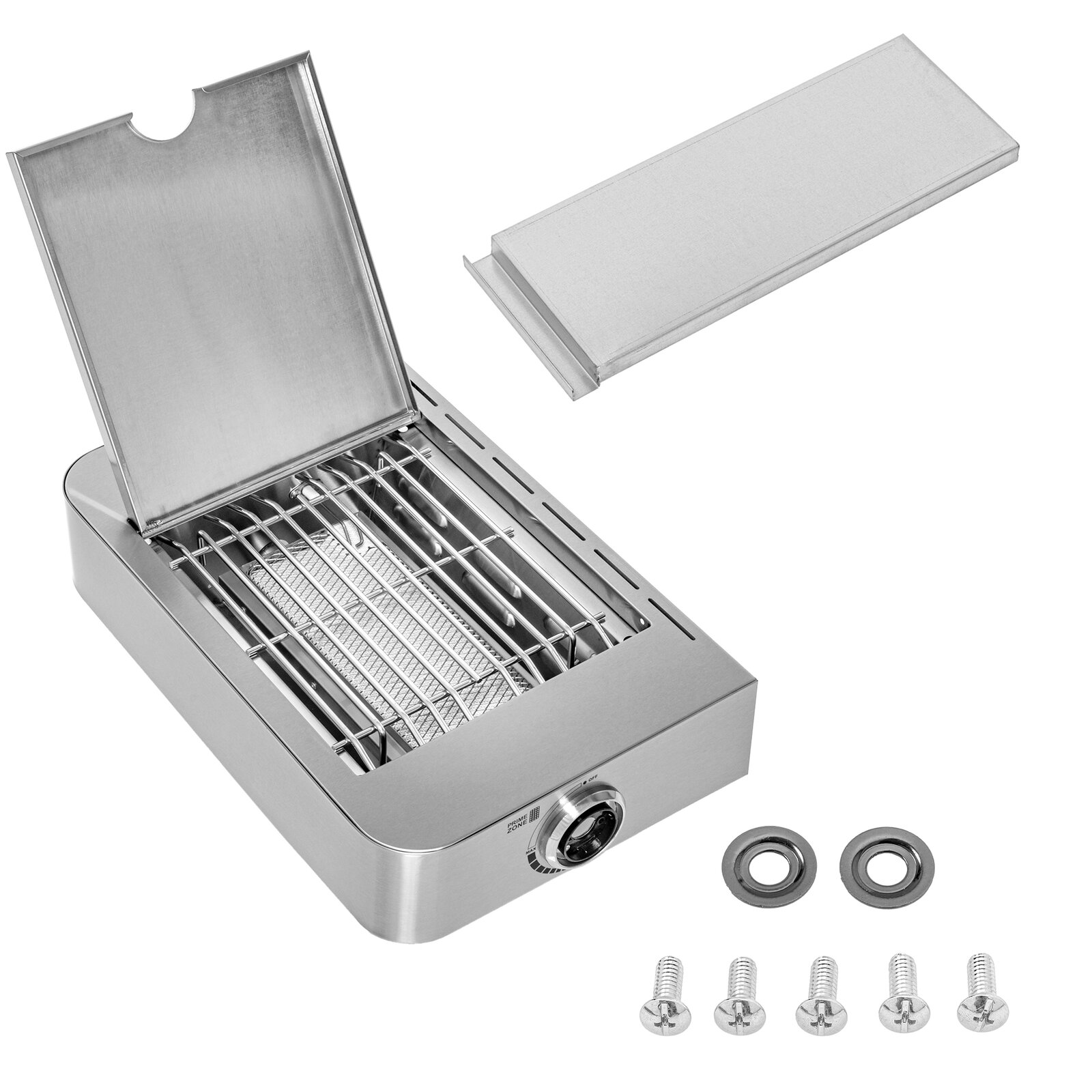 Edelstahl-Gasgrill-Seitenbrenner mit geöffnetem Deckel, Grillrost und Bedienknopf, inklusive Abdeckplatte, Schrauben und Dichtungen, in schräger Draufsicht