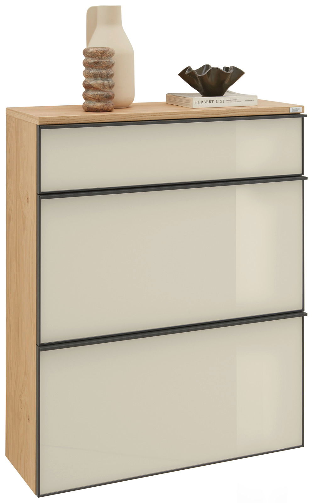 Dieter Knoll Hängeschuhschrank ATINA Moderner Hängeschuhschrank mit drei Schubladen in Holzoptik, dekoriert mit einer Vase und einem Buch, seitliche Perspektive