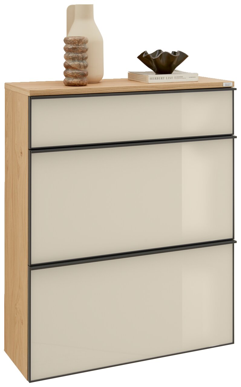 Dieter Knoll Hangende schoenenkast ATINA Moderner Hängeschuhschrank mit drei Schubladen in Holzoptik, dekoriert mit einer Vase und einem Buch, seitliche Perspektive