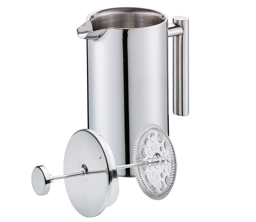 Kaffeebereiter SARA aus Edelstahl mit herausgenommenem Sieb, seitliche Perspektive