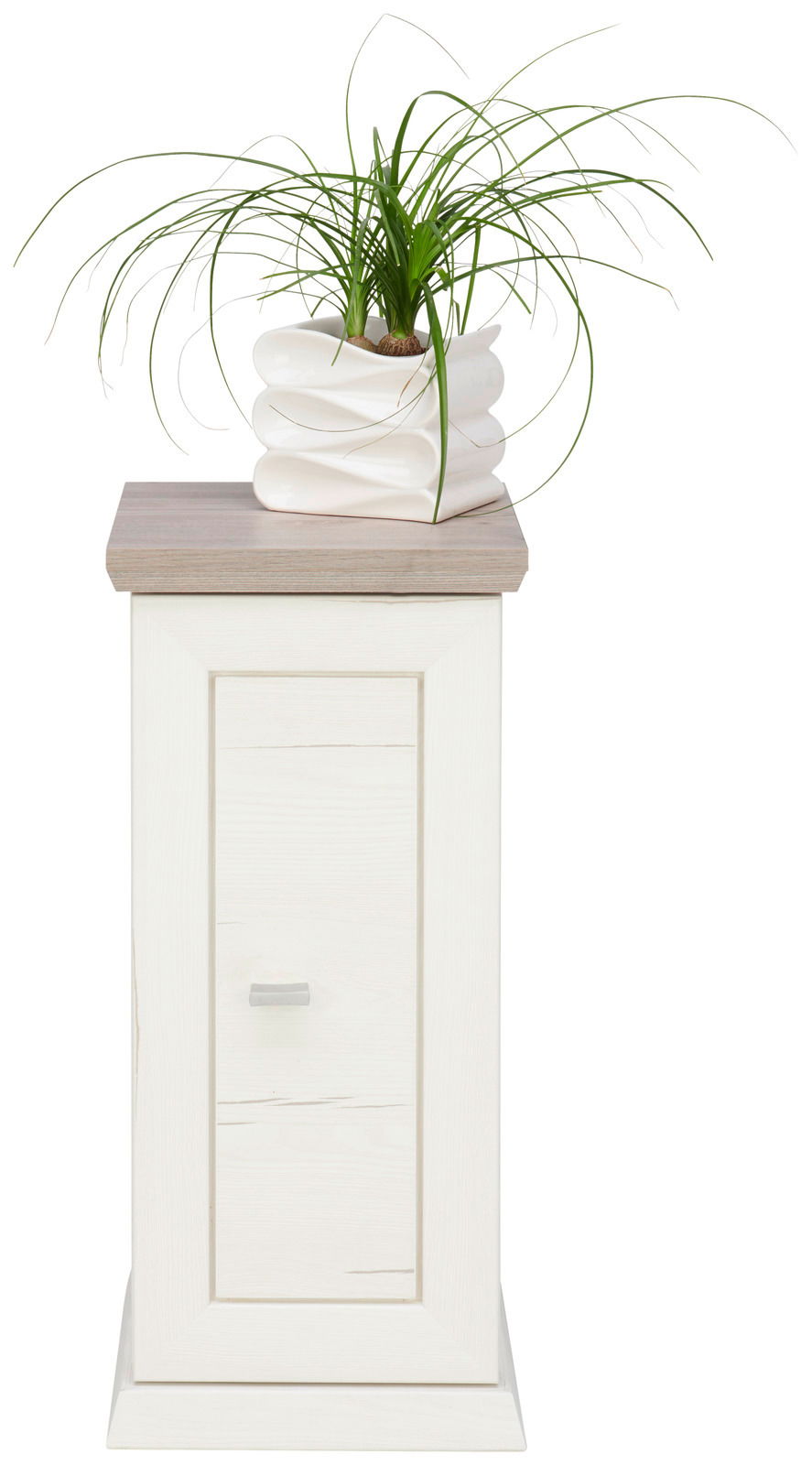 Beistelltisch mit einer Tür, darauf steht ein weißer, moderner Blumentopf mit einer Pflanze. Frontalansicht.