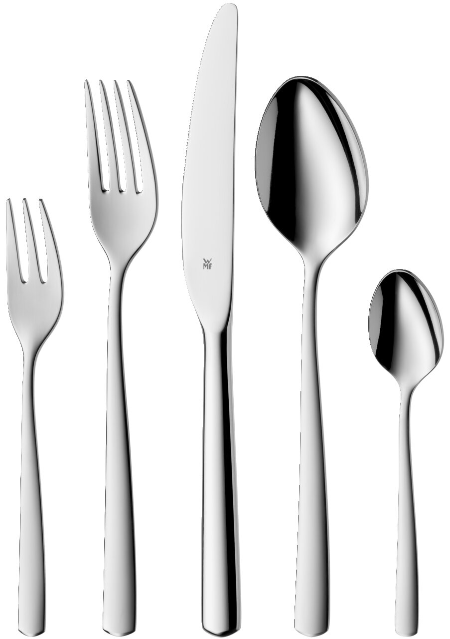Set aus poliertem Edelstahlbesteck, bestehend aus Gabel, Messer, Esslöffel, Kuchengabel und Teelöffel, frontal abgebildet.