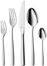 Set aus poliertem Edelstahlbesteck, bestehend aus Gabel, Messer, Esslöffel, Kuchengabel und Teelöffel, frontal abgebildet.