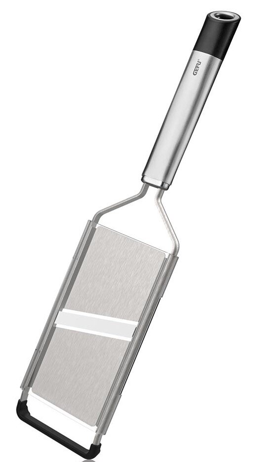 Groente- en aardappelschiller van roestvrij staal met ergonomische handgreep, zijaanzicht