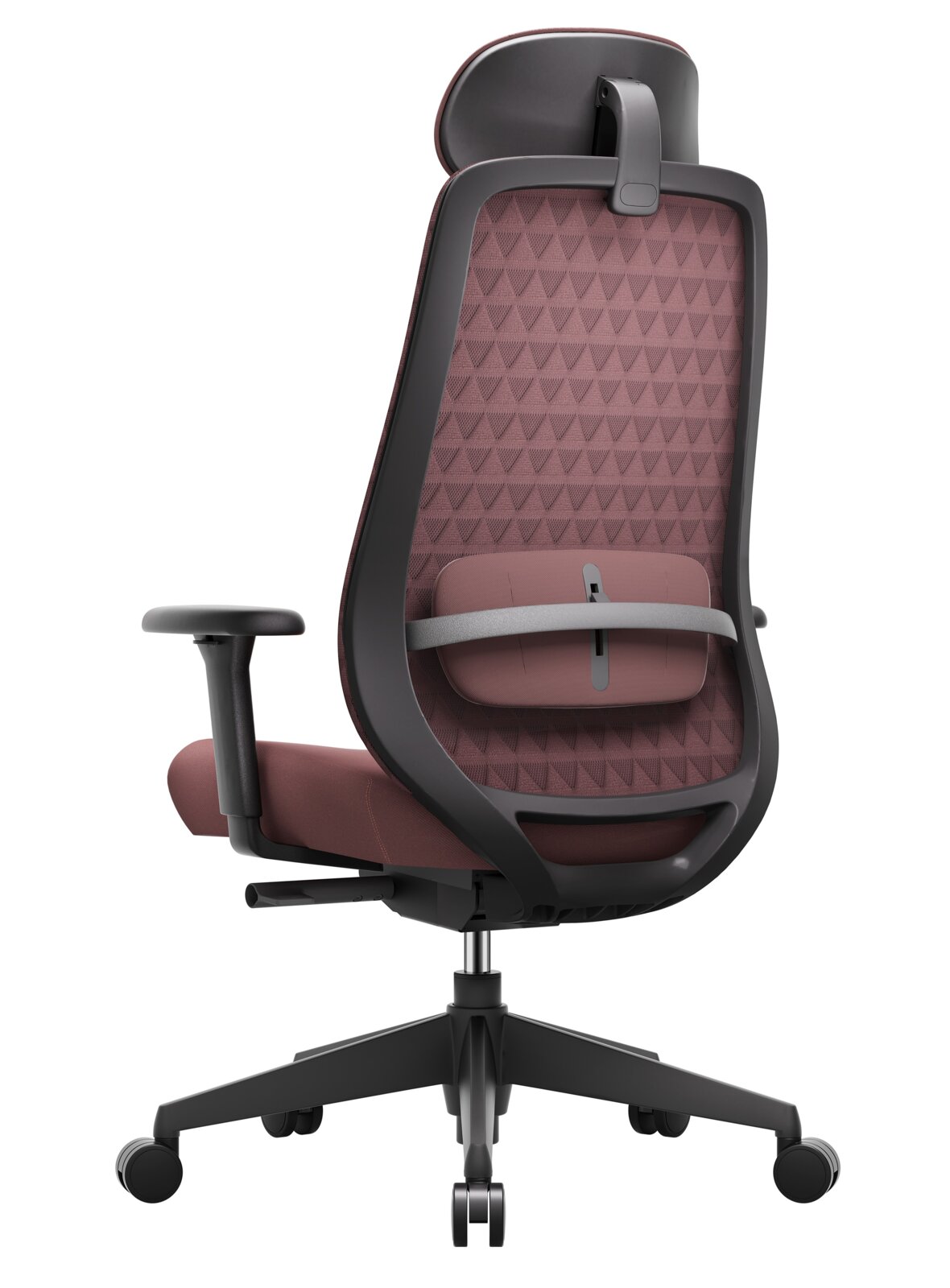Rückansicht eines modernen Drehstuhls mit ergonomischer Rückenlehne und verstellbaren Armlehnen, auf einem stabilen Rollfuß.