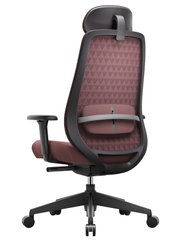 Rückansicht eines modernen Drehstuhls mit ergonomischer Rückenlehne und verstellbaren Armlehnen, auf einem stabilen Rollfuß.