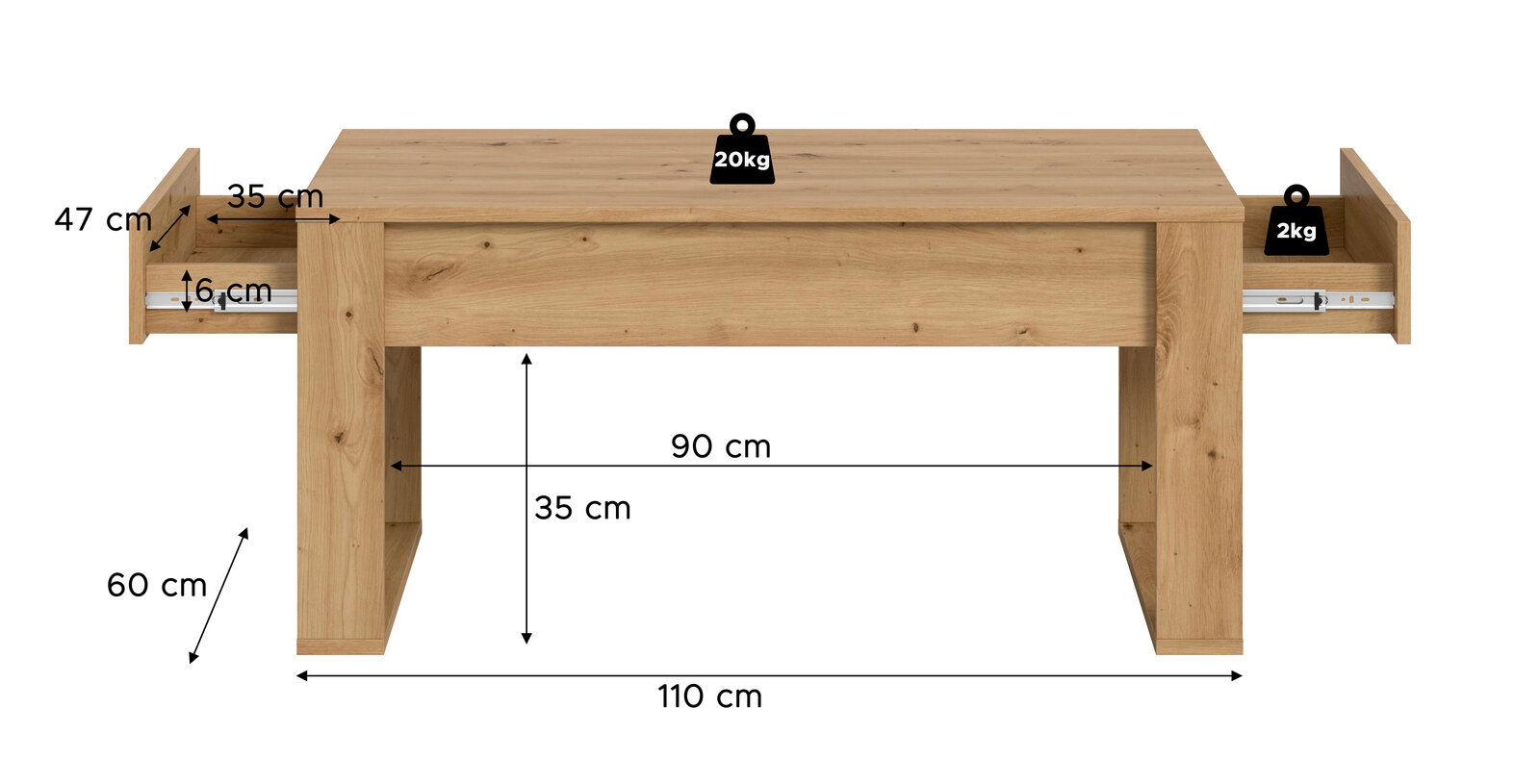 Frontansicht eines massiven Couchtischs aus hellem Holz mit zwei seitlich ausziehbaren Schubladen; Maße ca. 110 cm Breite, 60 cm Höhe, Innenmaß 90 cm, Schubladen-Auszug ca. 35 cm, Traglast Tischplatte 20 kg und Schublade 2 kg.