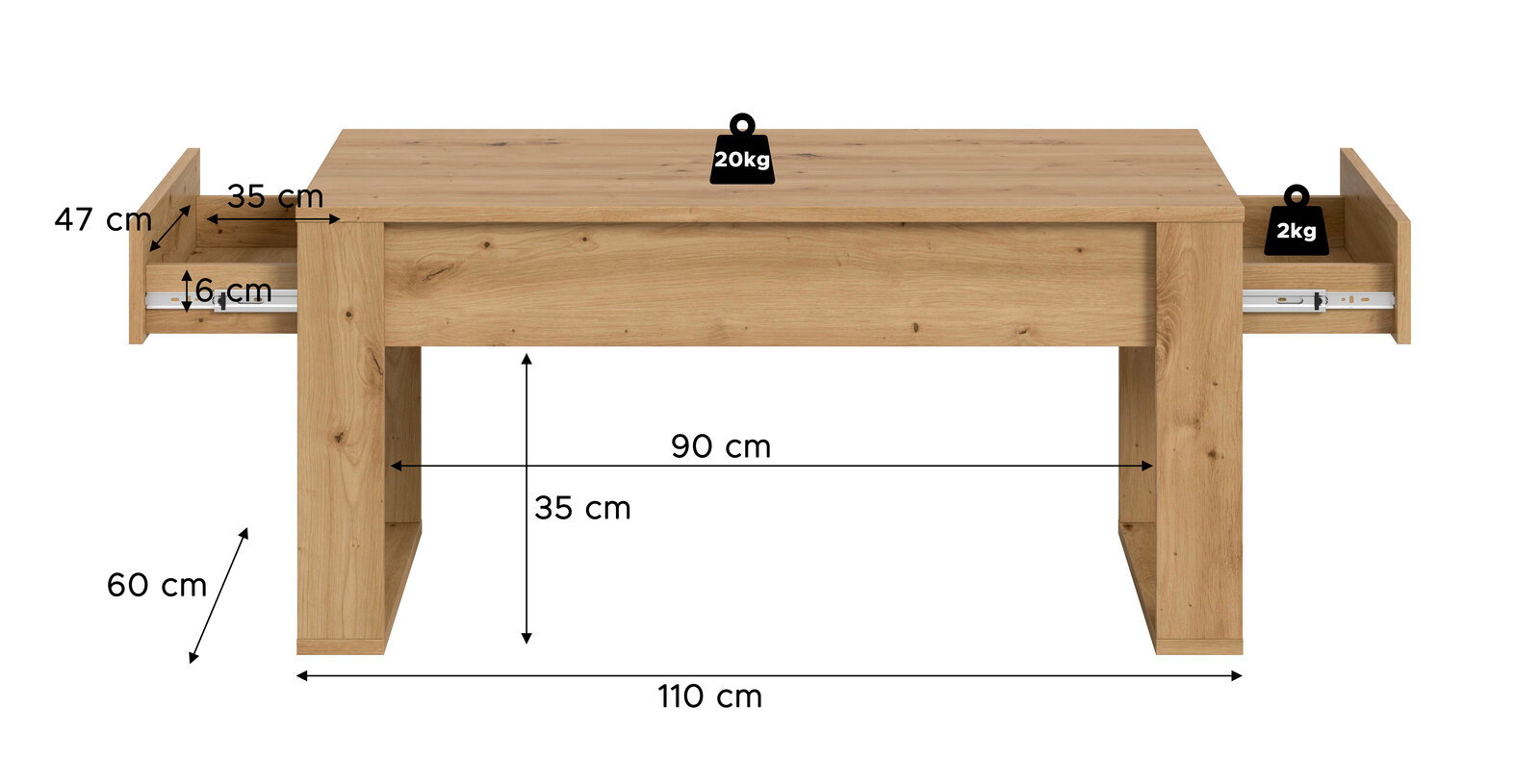 Frontansicht eines massiven Couchtischs aus hellem Holz mit zwei seitlich ausziehbaren Schubladen; Maße ca. 110 cm Breite, 60 cm Höhe, Innenmaß 90 cm, Schubladen-Auszug ca. 35 cm, Traglast Tischplatte 20 kg und Schublade 2 kg.