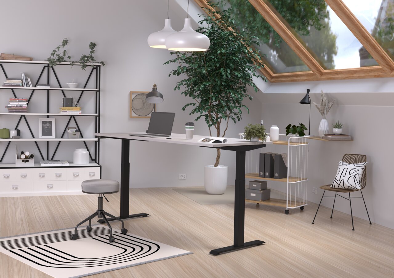 Modern, in hoogte verstelbaar elektrisch bureau in een stijlvolle, lichte ruimte met dakraam, planten en planken, gezien vanuit de zijkant.