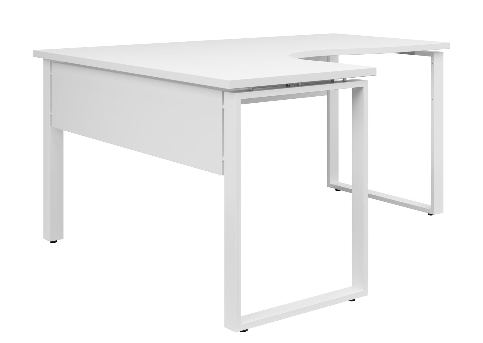 Moderner weißer Eckschreibtisch in L-Form mit stabilen Metallbeinen, seitliche Perspektive