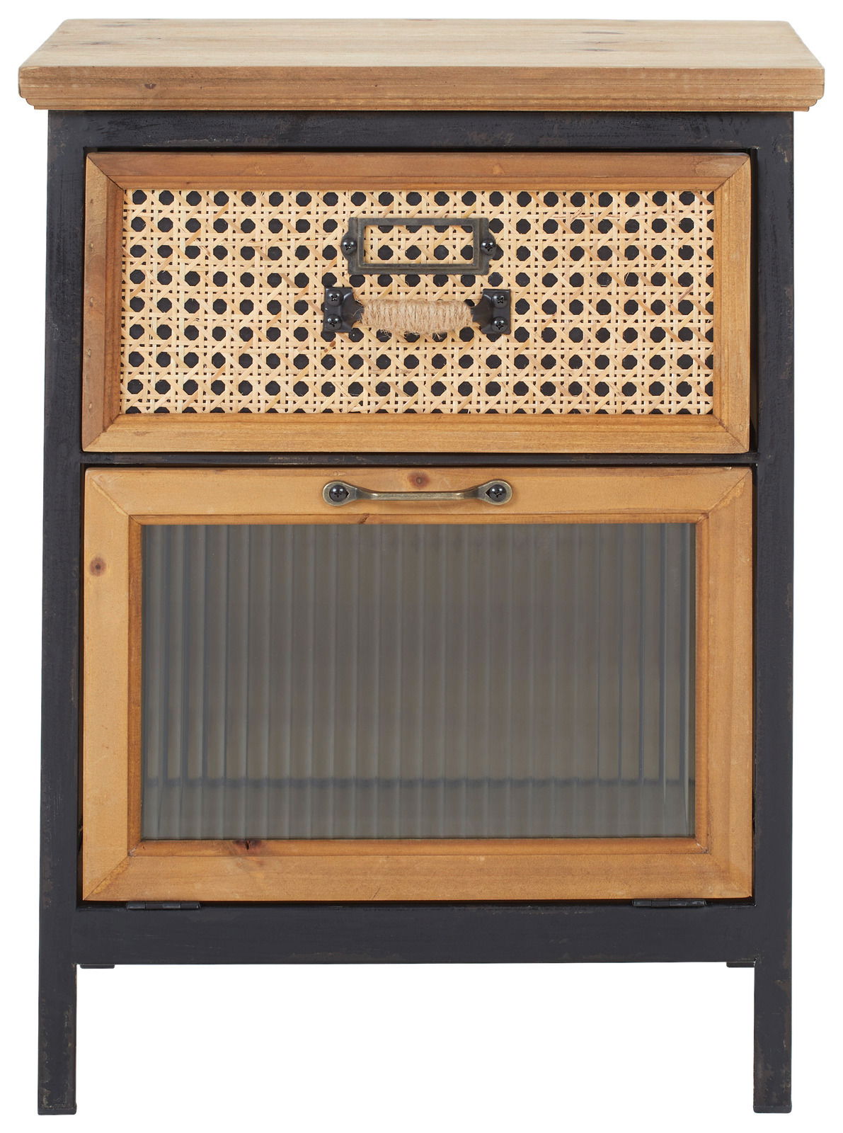 Vorderansicht einer Nachtkommode mit einem Rattanschubladen und einer Glastür, umrahmt von Holz.