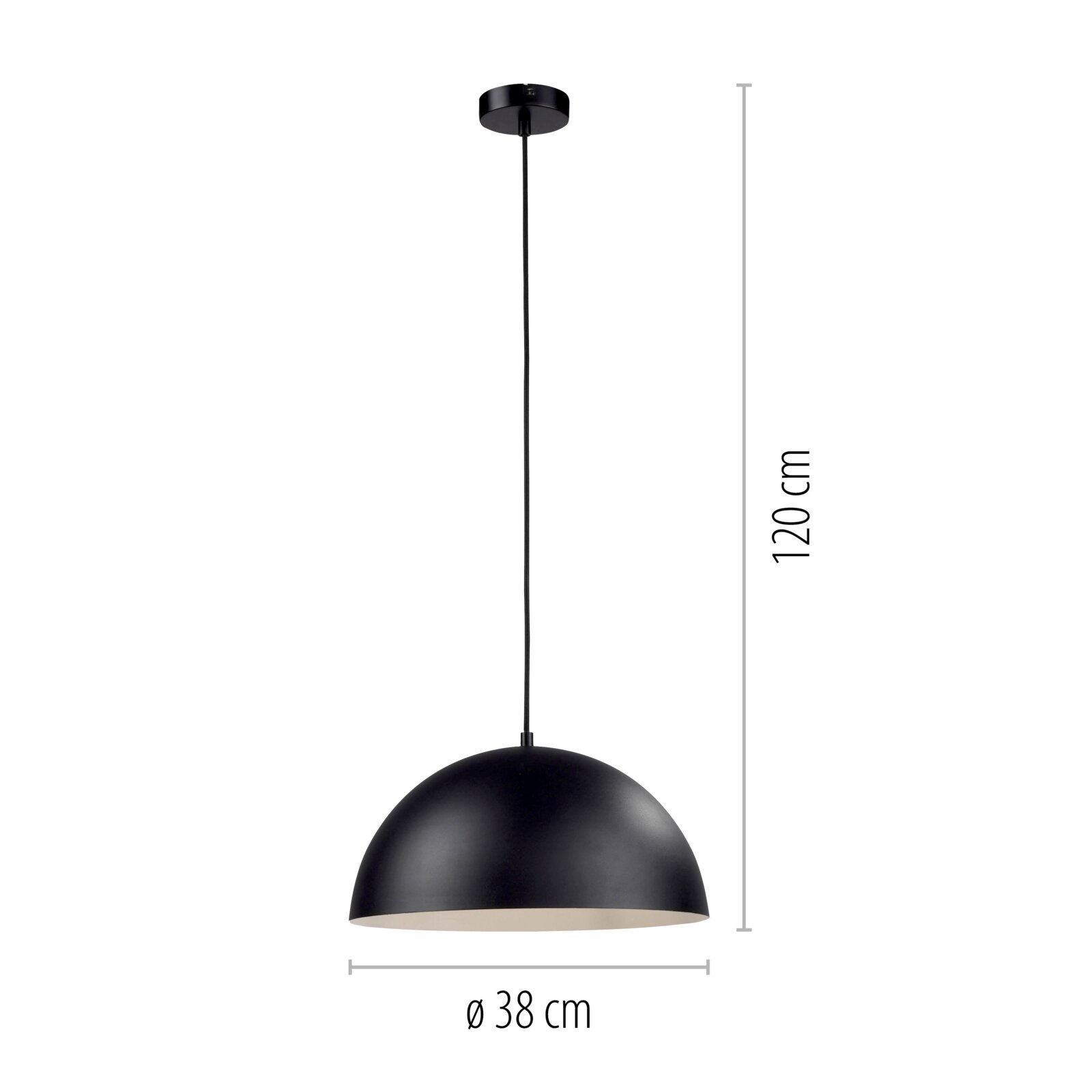 Schwarze Pendelleuchte mit halbkugelförmigem Lampenschirm, Kabellänge ca. 120 cm und Durchmesser ca. 38 cm, Frontansicht vor weißem Hintergrund