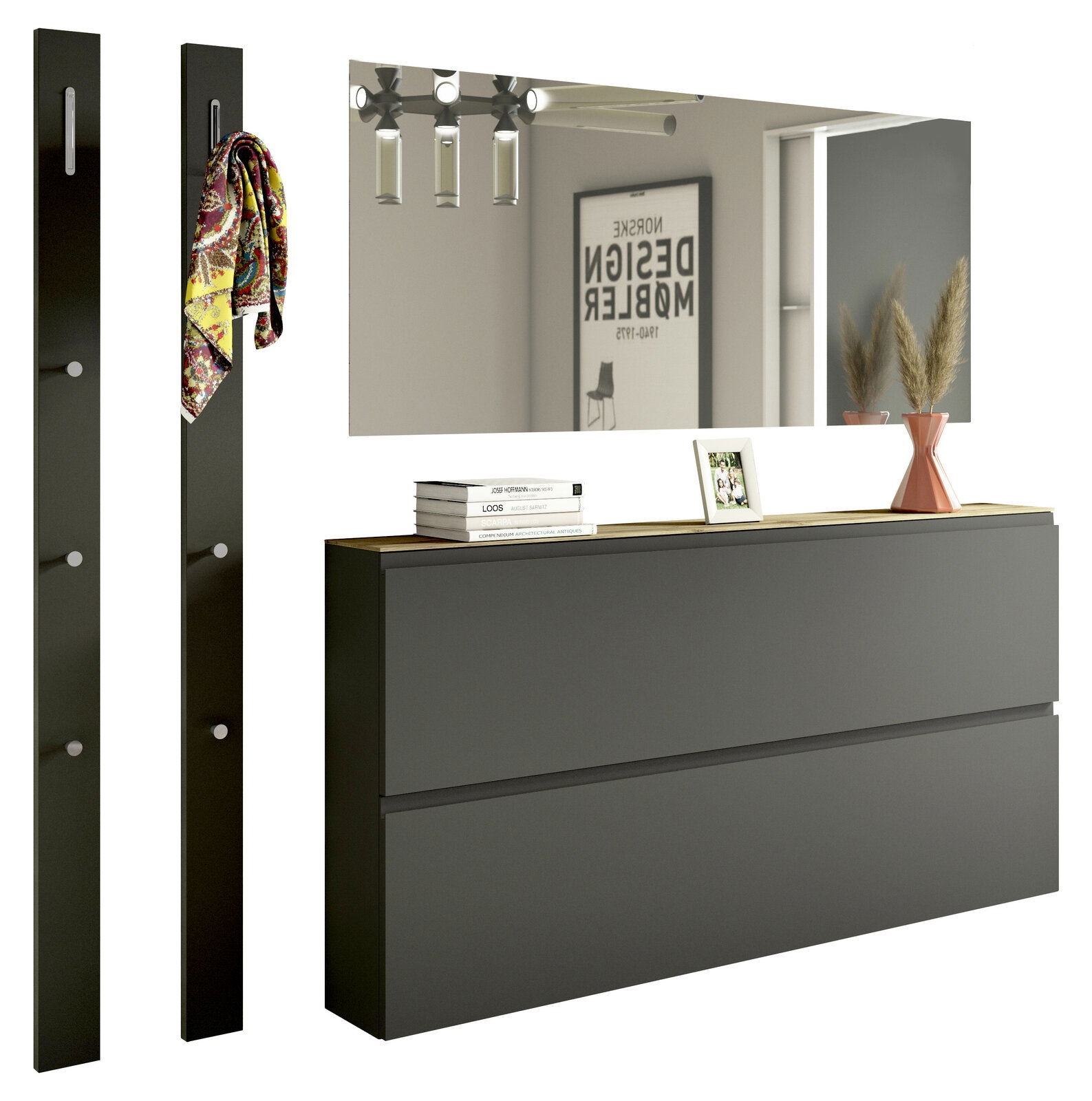 Modernes Garderobenset mit zwei vertikalen Paneelen mit Haken, einem großen Spiegel und einer breiten Kommode in dunklem Design, seitliche Perspektive.