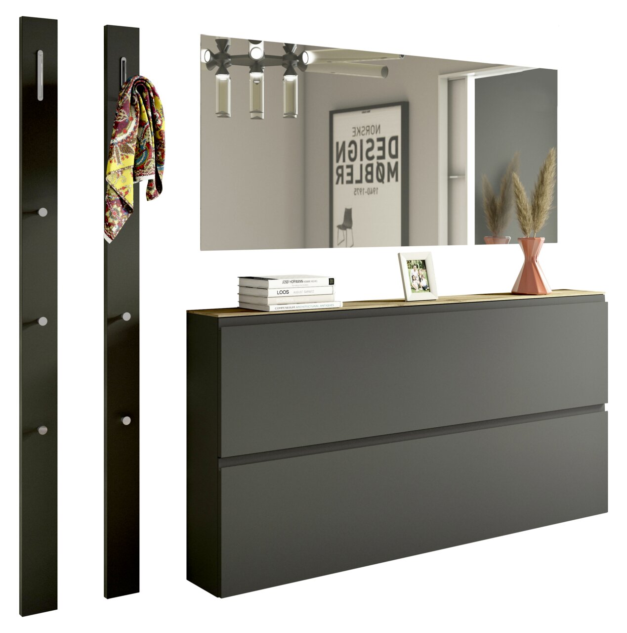 Modernes Garderobenset mit zwei vertikalen Paneelen mit Haken, einem großen Spiegel und einer breiten Kommode in dunklem Design, seitliche Perspektive.