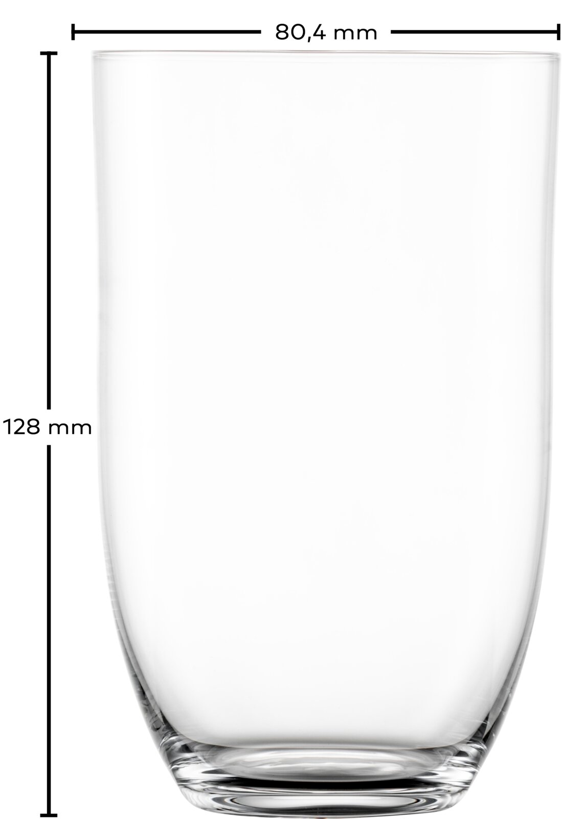 Transparentes Trinkglas mit leicht konischer Form, ca. 128 mm hoch und 80,4 mm Durchmesser, freigestellt auf weißem Hintergrund, frontale Ansicht.