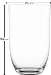 Transparentes Trinkglas mit leicht konischer Form, ca. 128 mm hoch und 80,4 mm Durchmesser, freigestellt auf weißem Hintergrund, frontale Ansicht.