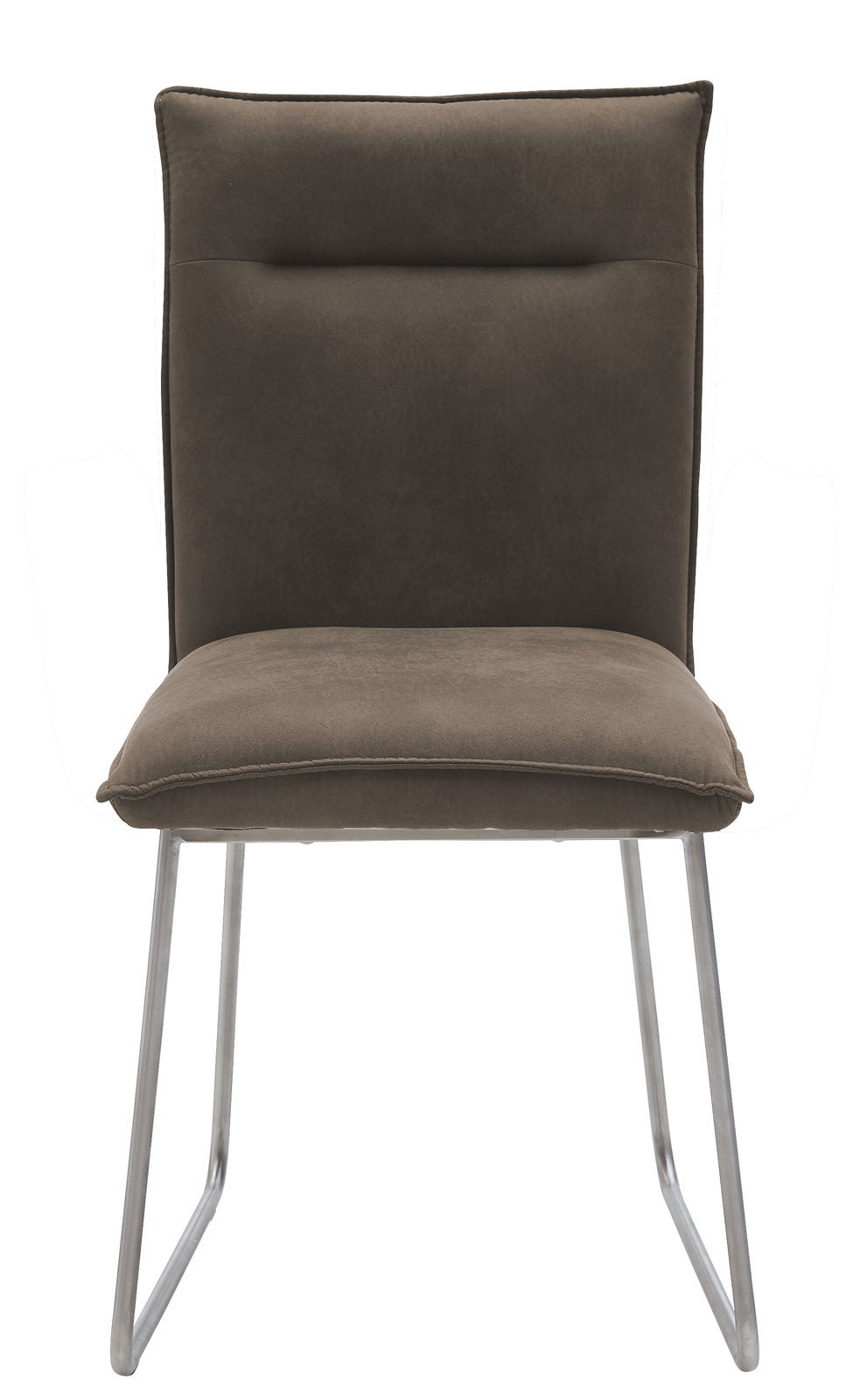 Moderner brauner Stuhl mit Metallbeinen, Frontalansicht